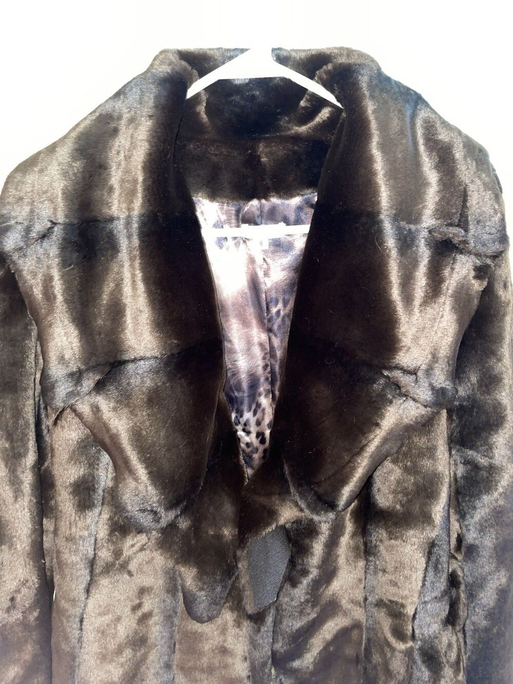 Y2K Cache Faux Fur Coat Size 8 Brown Leopard Lining Glam Wide Collar - Picture 2 of 7